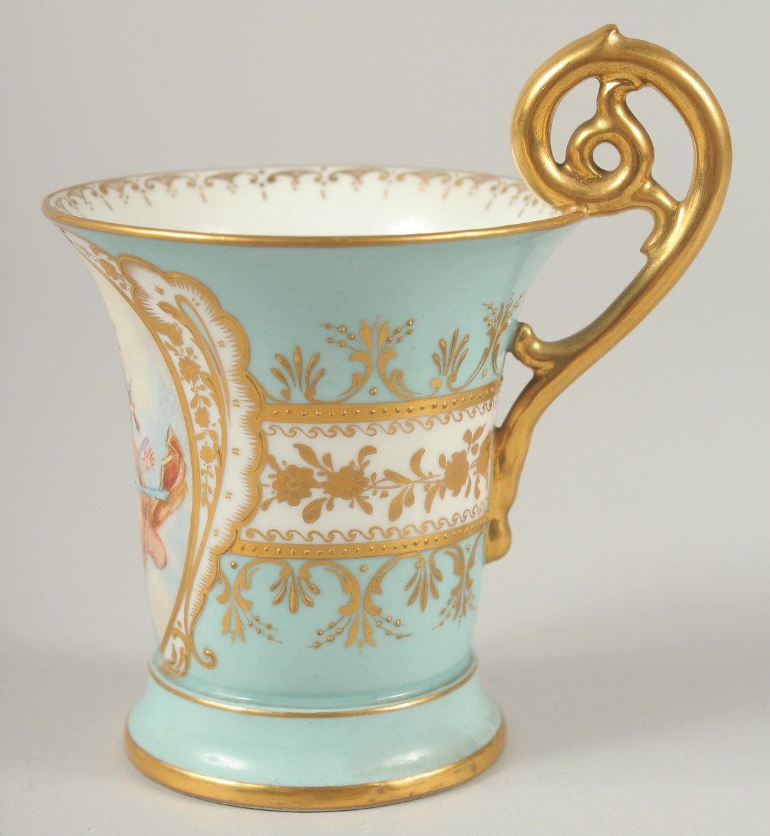 A GOOD DRESDEN CUP AND SAUCER with blue ground, painted with an oval of a two cupids playing - Image 6 of 8