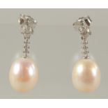 A GOOD PAIR OF 18CT WHITE GOLD, PEARL AND DIAMOND DROP EARRINGS.