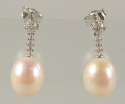 A GOOD PAIR OF 18CT WHITE GOLD, PEARL AND DIAMOND DROP EARRINGS.