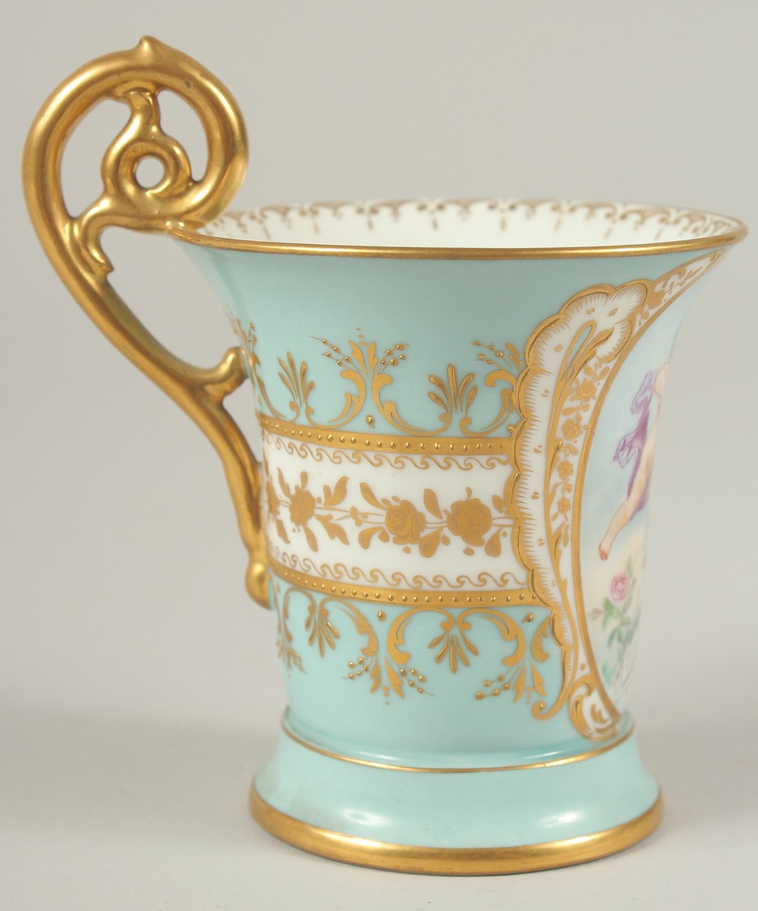A GOOD DRESDEN CUP AND SAUCER with blue ground, painted with an oval of a two cupids playing - Image 5 of 8