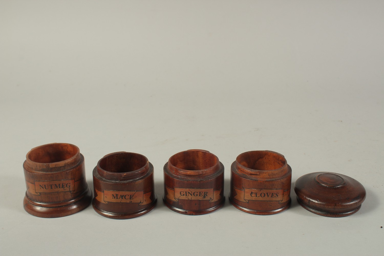 A WOODEN SPICE TOWER, cloves. ginger, mace and nutmeg. 8ins high. - Image 2 of 2