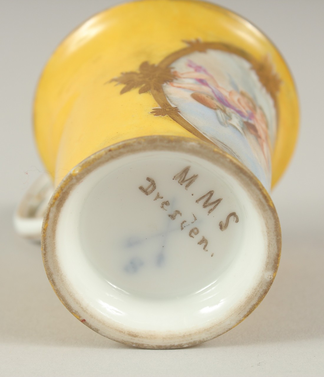 A GOOD DRESDEN CUP with yellow ground, painted with an oval of a cupids. Dresden in gold M.M.S. - Image 5 of 5