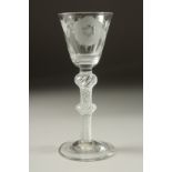 A SUPERB JACOBITE WINE GLASS, the bowl engraved with roses "FIAT", with air twist stem and double