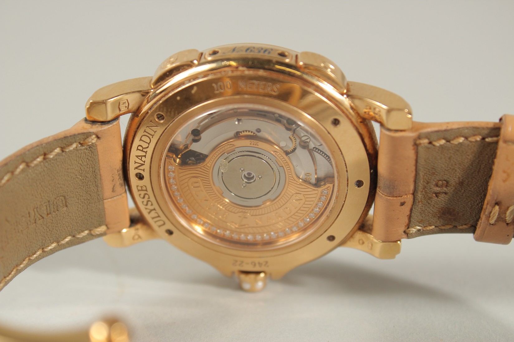 A SUPERB ULYSSE NARDIN 18CT ROSE GOLD WRISTWATCH with mother-of-pearl face, diamond surround, date - Image 4 of 14