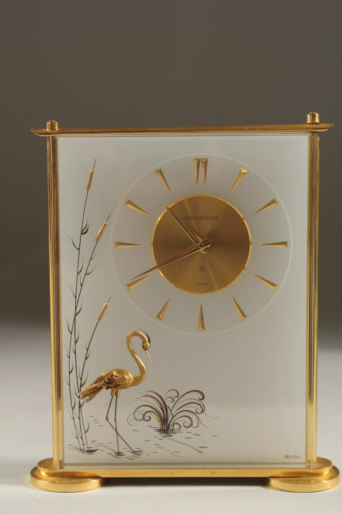 A VERY GOOD JAEGER LECOULTRE CLOCK with a stork and bullrushes. No. 467. 8cms high x 6ins wide