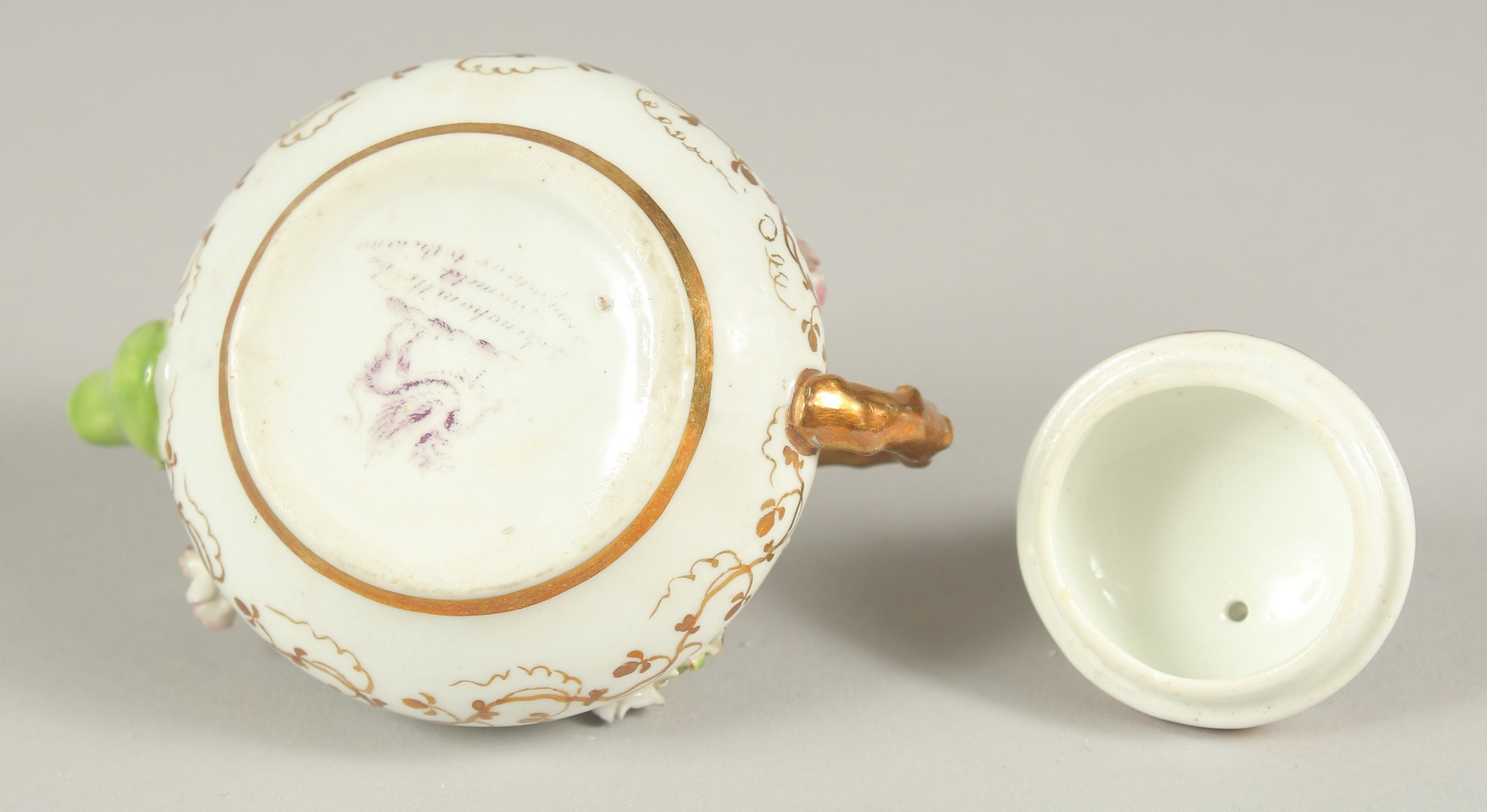 A GOOD SMALL ROCKINGHAM TEAPOT encrusted with flowers. Rockingham mark in puce. 3.5ins diameter. - Image 6 of 6