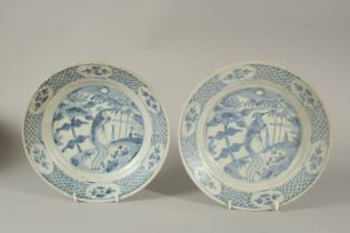 TWO CHINESE WANLI PERIOD BLUE AND WHITE HATCHER CARGO PLATES, with peacock design to centre, 26.