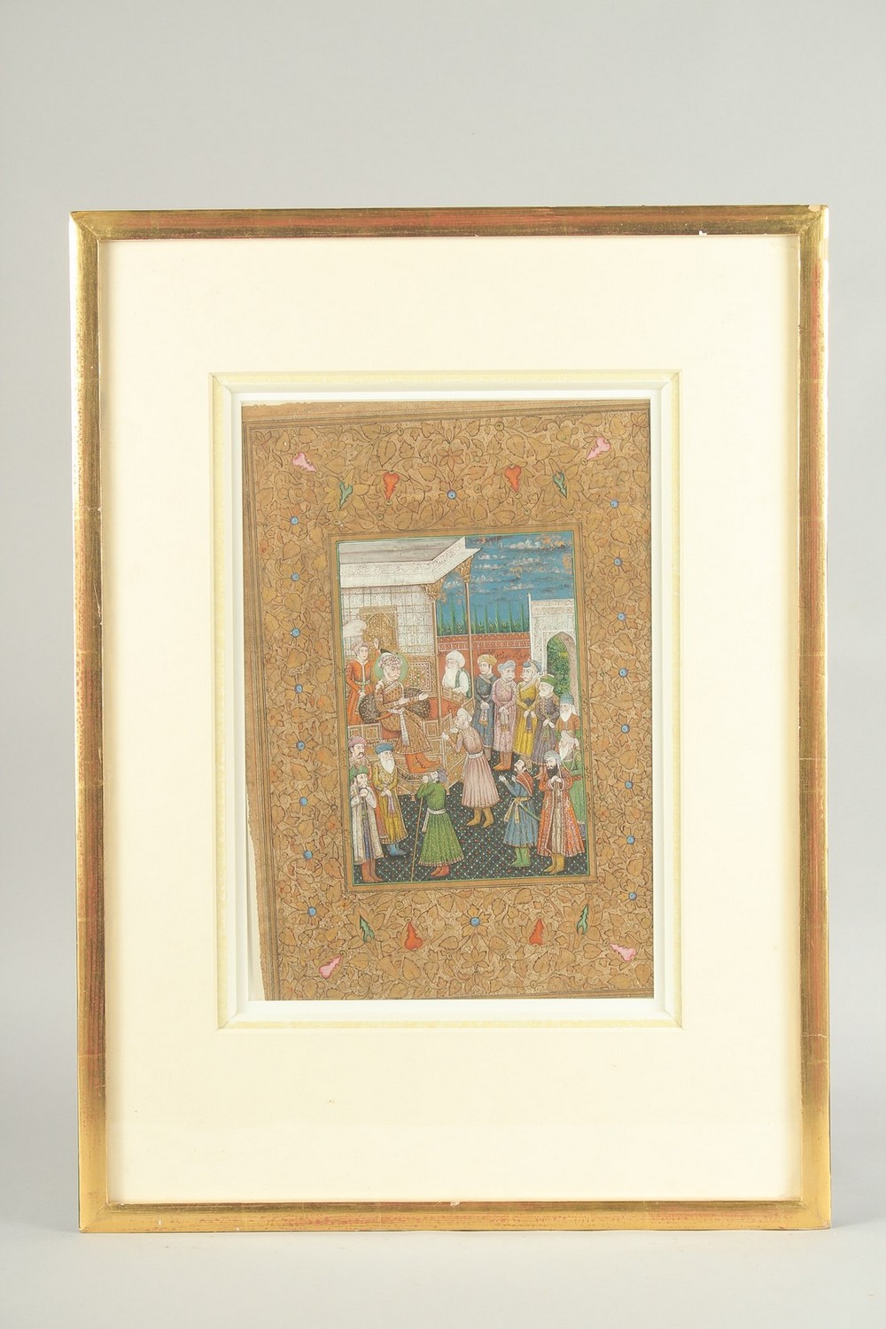 A FINE AND LARGE LATE 19TH CENTURY INDIAN MINIATURE PAINTING depicting enthroned Akbar Shah,