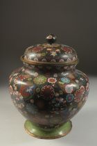 A LARGE JAPANESE CLOISONNE LIDDED JAR, 27cm high.