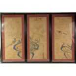 THREE CHINESE PAINTINGS ON PAPER, depicting birds and flora, uniformly framed and glazed, each