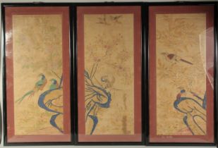 THREE CHINESE PAINTINGS ON PAPER, depicting birds and flora, uniformly framed and glazed, each