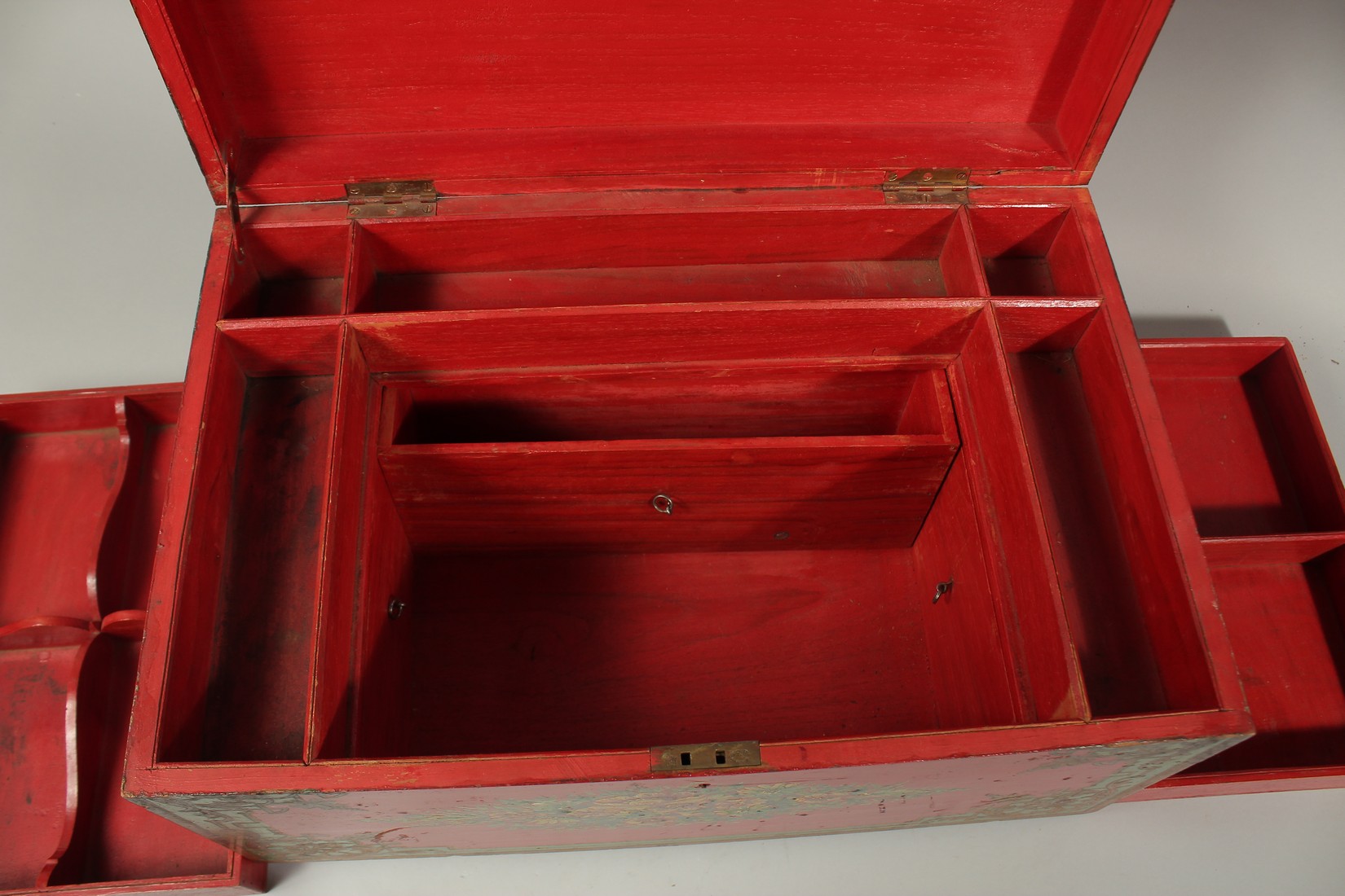 A LARGE 19TH CENTURY QAJAR PAINTED WOOD CASHIER BOX, raised on four bracket feet, 51cm wide, 33cm - Image 6 of 11