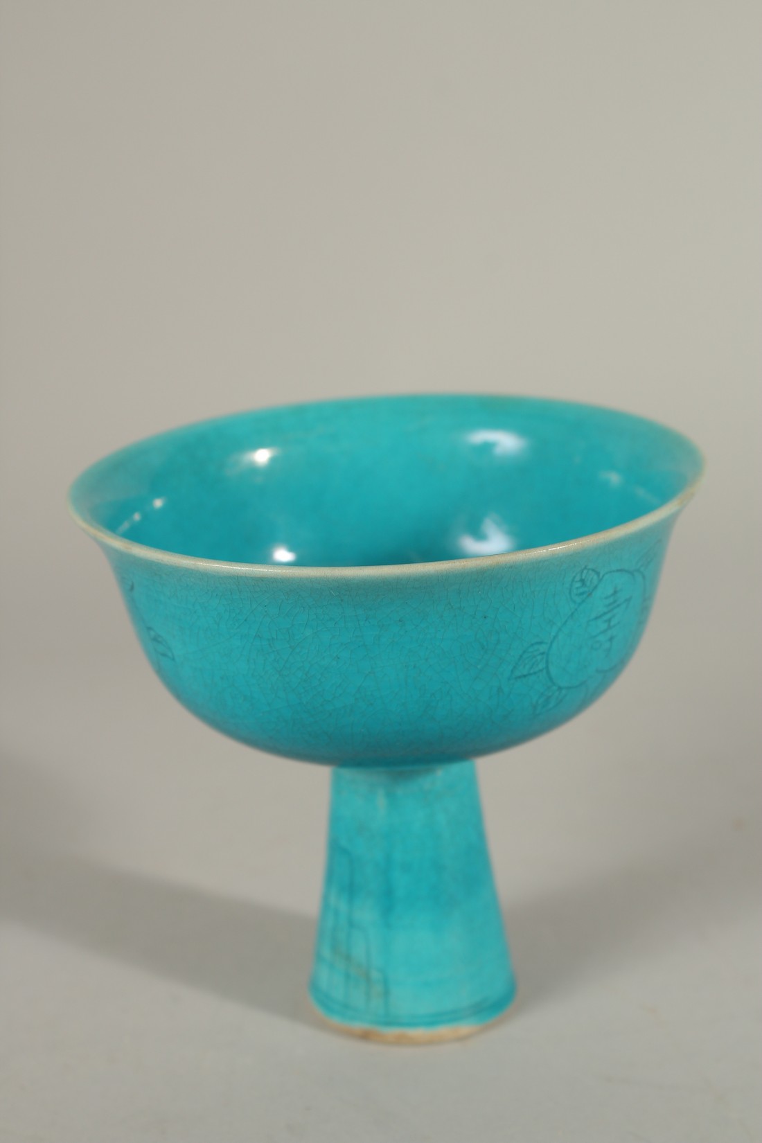 A CHINESE TURQUOISE GLAZE PORCELAIN STEM CUP, inner foot rim with character mark, 10cm diameter, 9cm - Image 2 of 6