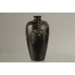 A FINE JAPANESE MIXED METAL INLAID BRONZE VASE, with foliate design, the base with incised mark,