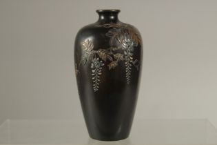 A FINE JAPANESE MIXED METAL INLAID BRONZE VASE, with foliate design, the base with incised mark,