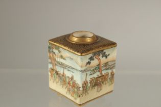 A FINE JAPANESE MEIJI PERIOD SATSUMA SQUARE-FORM MINIATURE VASE, delicately painted with a