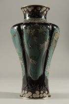 AN EXCEPTIONAL JAPANESE MIDNIGHT-BLUE AND TURQUOISE TEAL CLOISONNE BALUSTER VASE, with lobed