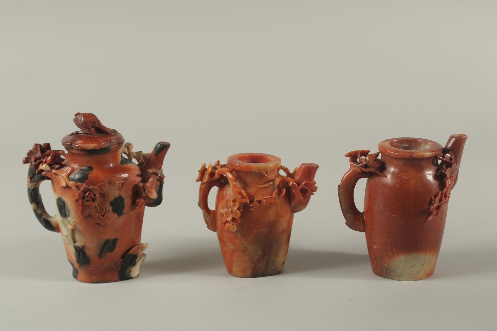 A COLLECTION OF THREE 19TH CENTURY CHINESE FINELY CARVED SOAPSTONE TEA POTS, lidded teapot 16cm - Image 5 of 5