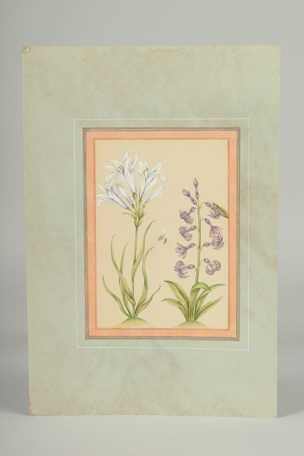A FINE PERSIAN QAJAR PAINTING OF FLOWERS, image 18cm x 12.5cm.