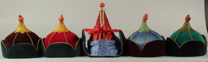 FIVE MONGOLIAN TRADITIONAL FESTIVAL HATS, (5).