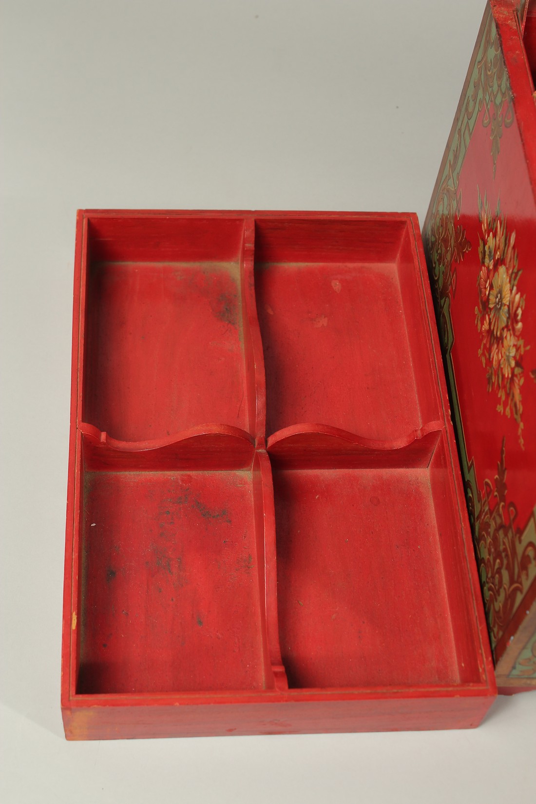 A LARGE 19TH CENTURY QAJAR PAINTED WOOD CASHIER BOX, raised on four bracket feet, 51cm wide, 33cm - Image 7 of 11