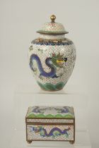 A CHINESE CLOISONNE DRAGON JAR AND COVER, together with a similarly designed box with hinged lid, (