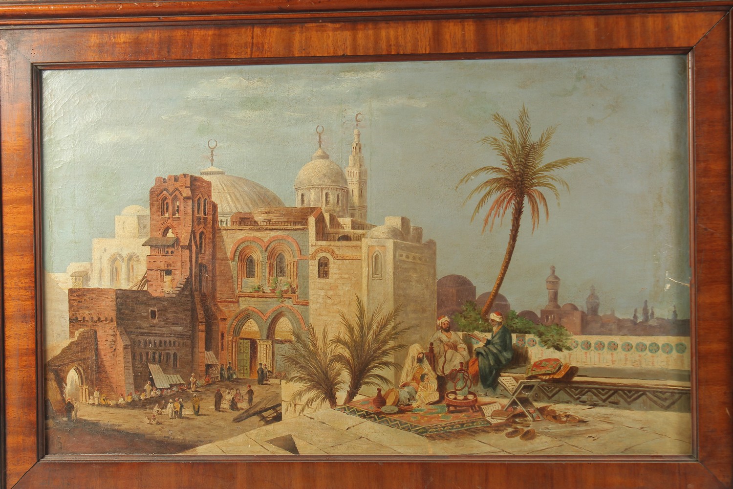 A LATE 19TH CENTURY ORIENTALIST SCHOOL OIL PAINTING ON CANVASS, depicting figures conversing on a - Image 2 of 4