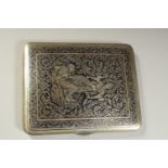 A VERY FINE SIAM THAILAND SILVER NIELLO CIGARETTE CASE, depicting a deity, weight 165g, 11cm x 8.