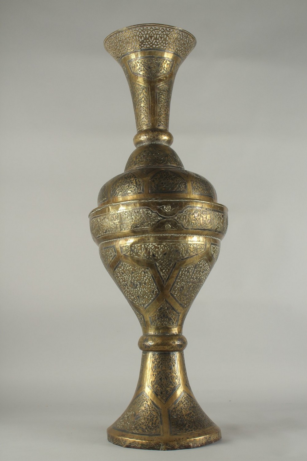 A VERY LARGE SILVER INLAID BRASS VASE, 89cm high.