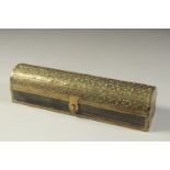 A FINE INDIAN BRASS OVERLAID WOODEN PENBOX, 22cm long.