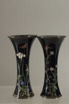 A VERY FINE PAIR OF JAPANESE MIDNIGHT-BLUE CLOISONNE HEXAGONAL MINIATURE VASES, each with highly