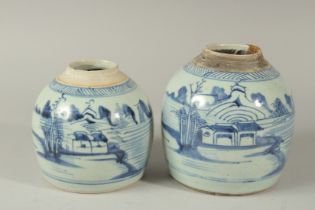 A NEAR PAIR OF CHINESE QING DYNASTY BLUE AND WHITE PORCELAIN JARS, (one af), largest 18cm high, (