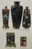 THREE JAPANESE CLOISONNE VASES, together with two enamelled matchbox holders, tallest vase 19cm