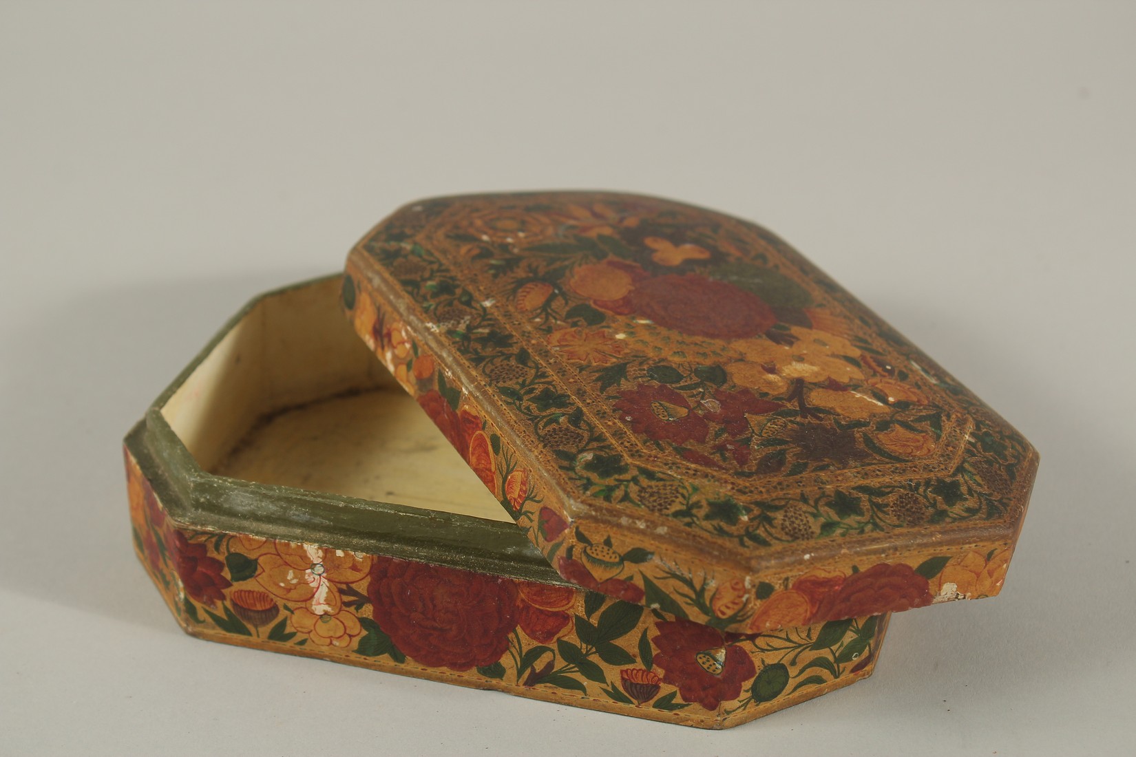 A 19TH CENTURY INDIAN KASHMIRI GILDED AND LACQUERED PAPIER MACHE BOX, SIGNED BY SUFFERING MOSES, - Image 3 of 4