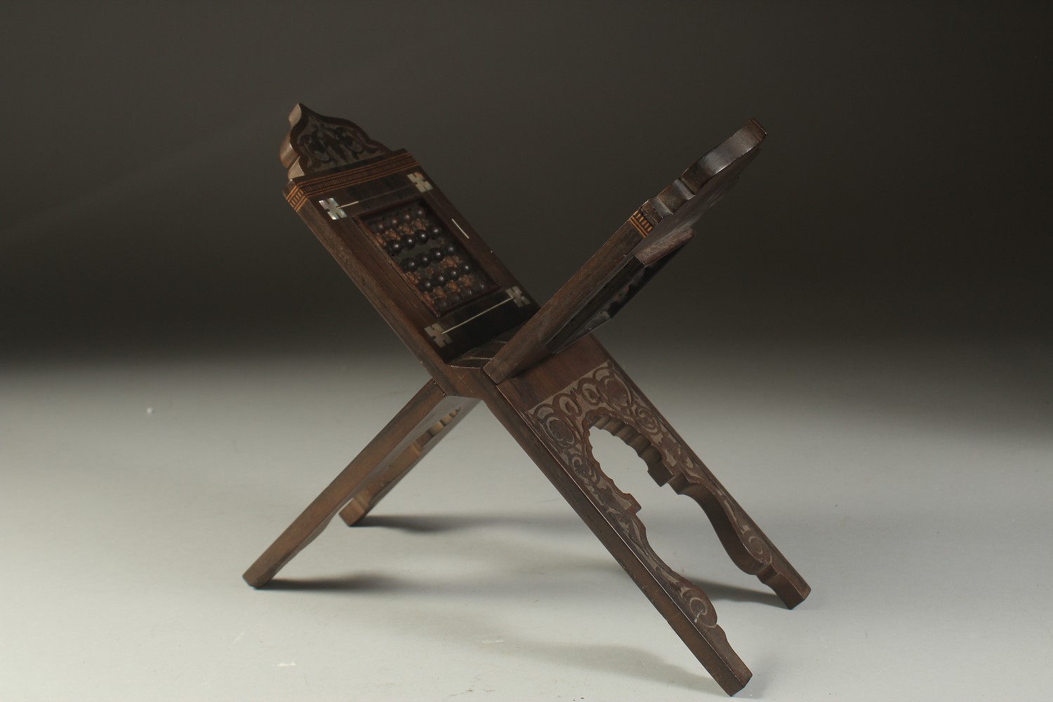 A FINE 19TH CENTURY MOTHER OF PEARL INLAID ENGRAVED WOODEN QURAN STAND - possibly Ottoman or