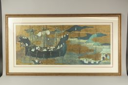 A LARGE JAPANESE CONTEMPORARY PRINT WITH GILT HIGHLIGHTS, framed and glazed, 67cm x 126cm,