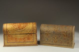 TWO LATE 19TH CENTURY ANGLO INDIAN KASHMIRI LACQUERED DOMED LETTER BOXES, 24cm long, (2)