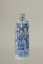 A CHINESE QING DYNASTY BLUE AND WHITE PORCELAIN SNUFF BOTTLE, painted with figures, the base with