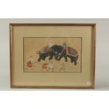 A FINE 19TH CENTURY INDIAN MINIATURE PAINTING, depicting an elephant fight, framed and glazed, image