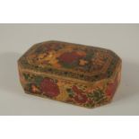 A 19TH CENTURY INDIAN KASHMIRI GILDED AND LACQUERED PAPIER MACHE BOX, SIGNED BY SUFFERING MOSES,