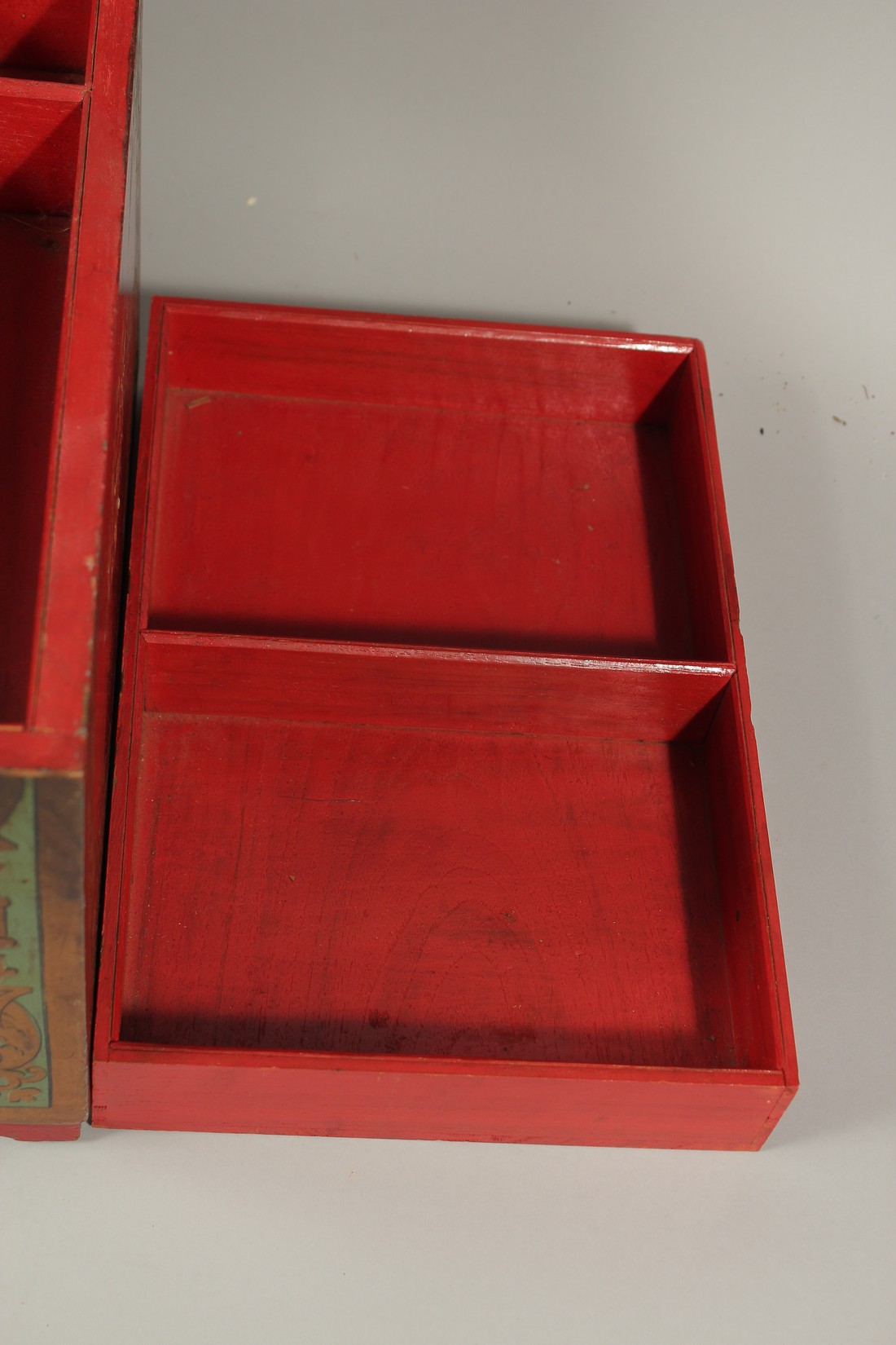 A LARGE 19TH CENTURY QAJAR PAINTED WOOD CASHIER BOX, raised on four bracket feet, 51cm wide, 33cm - Image 8 of 11