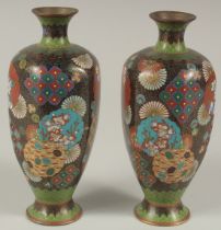 A PAIR OF JAPANESE BLACK GROUND CLOISONNE VASES, with floral roundels and other decorative motifs,