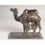 A VERY FINE 19TH CENTURY INDIAN BRONZE CAMEL, mounted to a rectangular stand. Stand 23cm x 9.5cm.