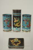 FIVE CHINESE CLOISONNE ITEMS; comprising a pair of cylindrical pots, a cylindrical lidded box, and