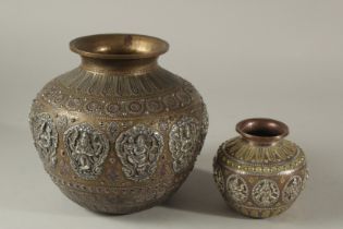 TWO 19TH CENTURY SOUTH INDIAN TANJORE GANGA JUMNA SILVER INLAID LOTA VESSELS, with embossed panels