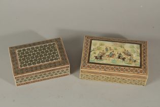 TWO KHATAMKARI BONE MICRO MOSAIC BOXES, (2).