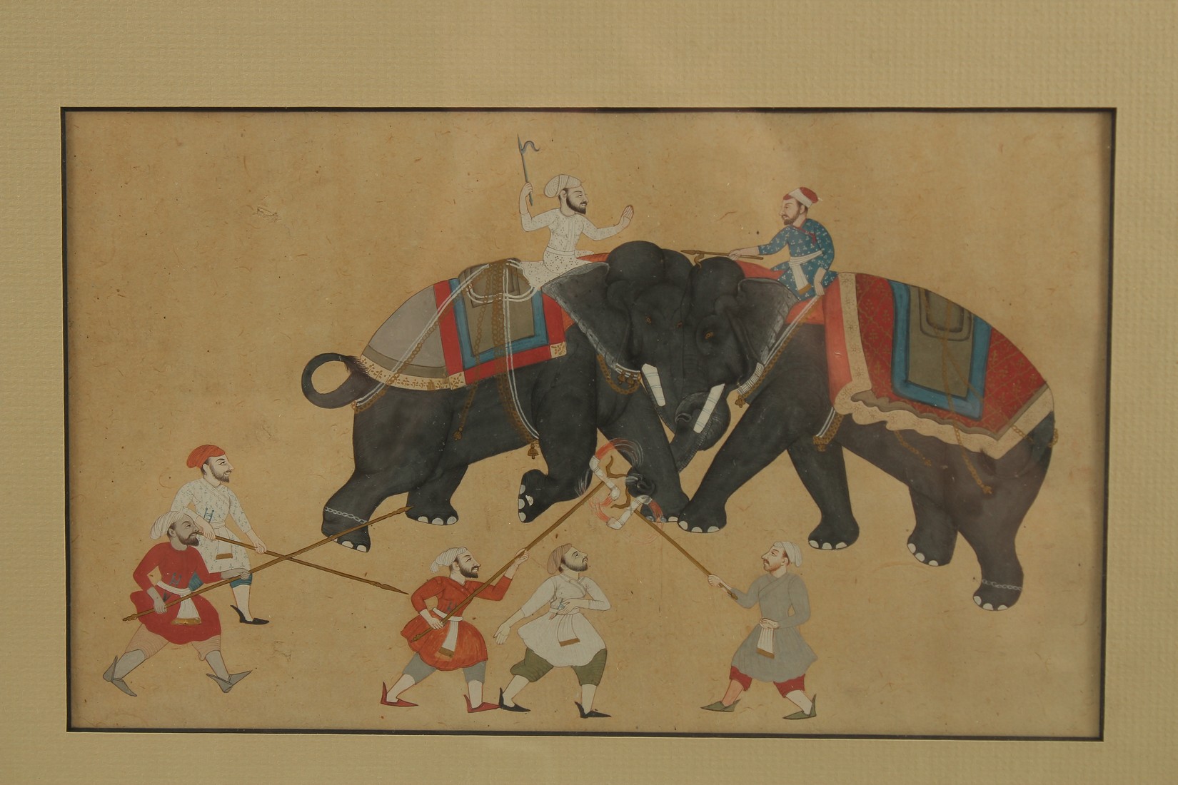 A FINE 19TH CENTURY INDIAN MINIATURE PAINTING, depicting an elephant fight, framed and glazed, image - Image 2 of 3