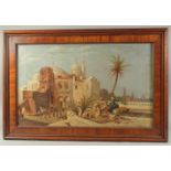 A LATE 19TH CENTURY ORIENTALIST SCHOOL OIL PAINTING ON CANVASS, depicting figures conversing on a