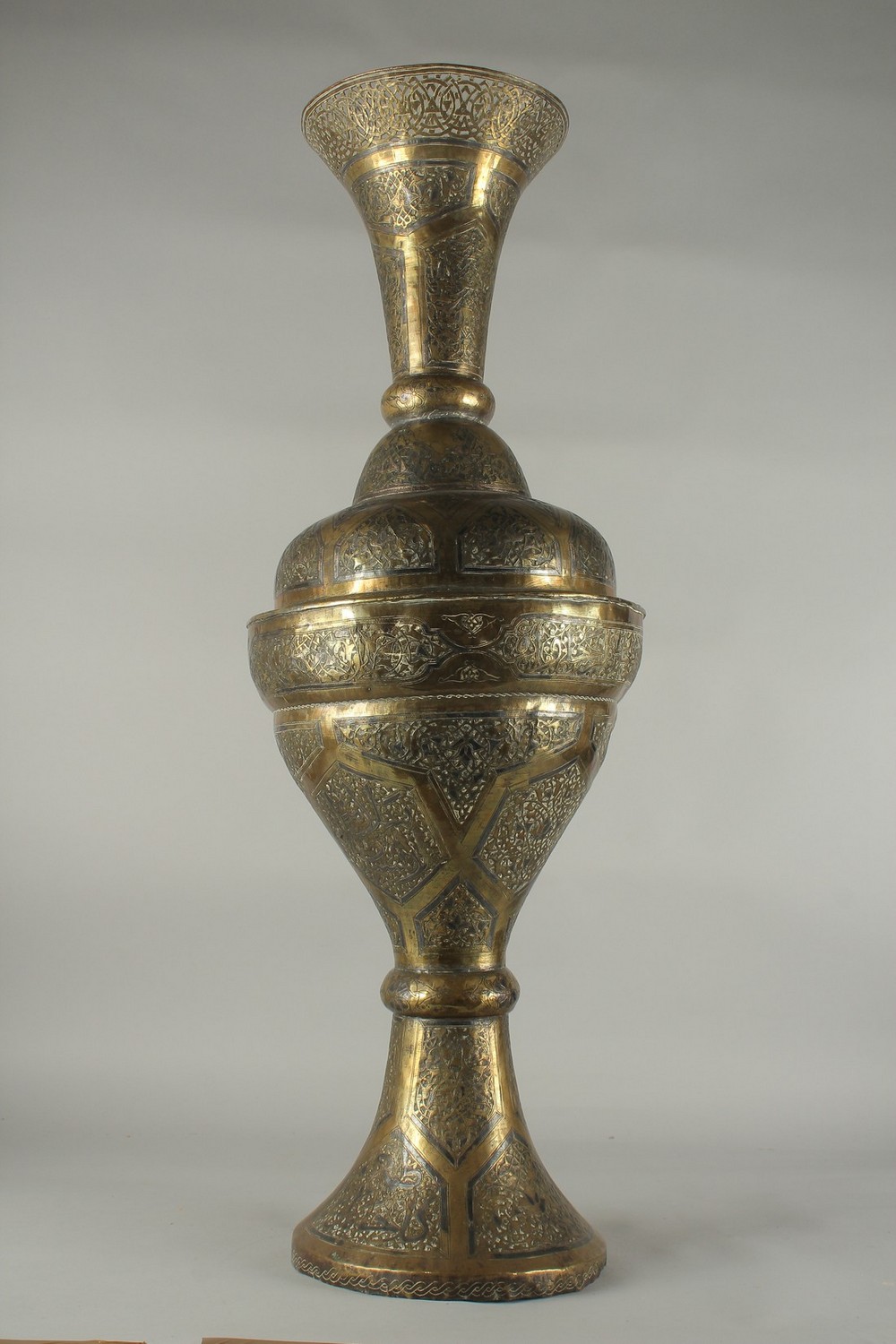 A VERY LARGE SILVER INLAID BRASS VASE, 89cm high. - Image 4 of 7