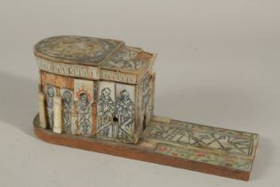 A RARE 18TH CENTURY JERUSALEM ENGRAVED MOTHER OF PEARL CLAD OLIVE WOOD ARCHITECTURAL MODEL, 19cm